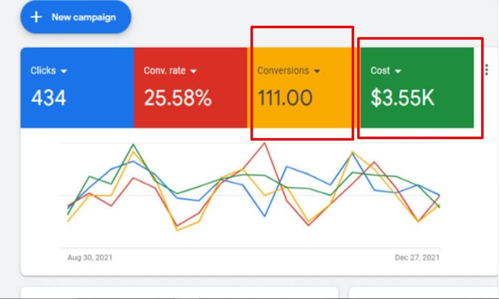 Google Ads campaign report showing 434 clicks, 25.58% conversion rate and 111 conversions