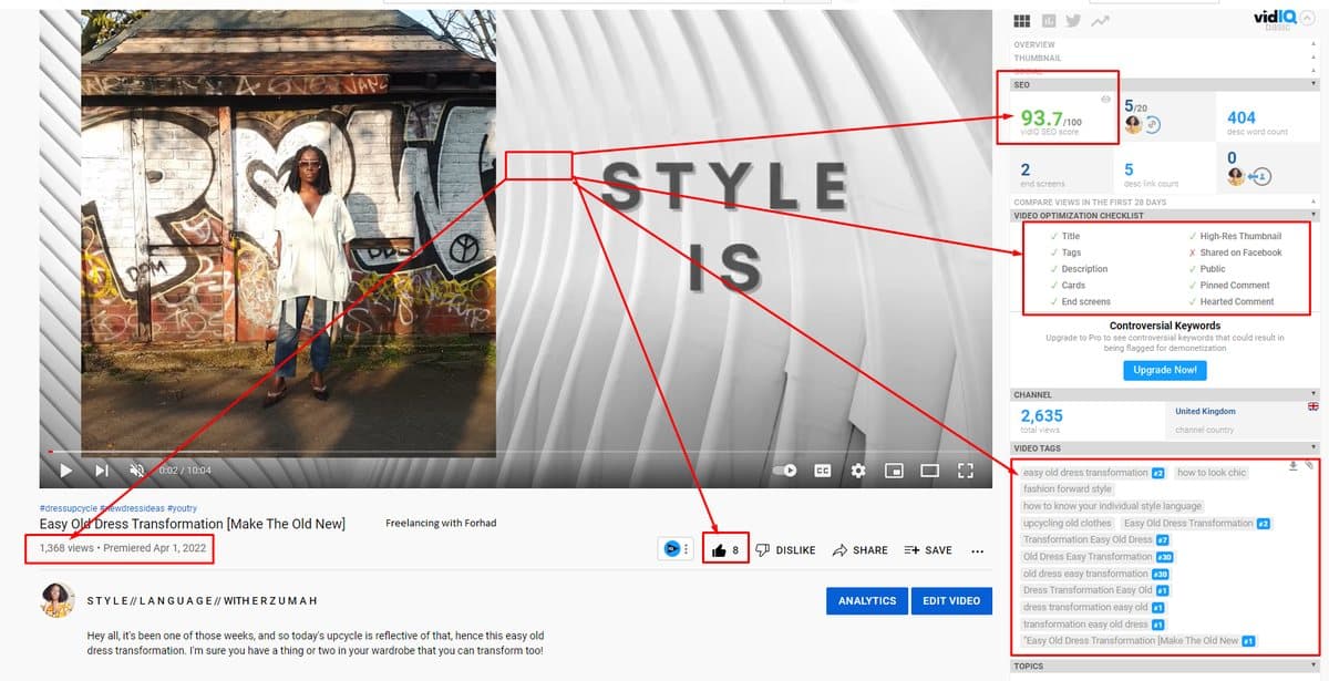 vidIQ SEO score of 93.7 out of 100 with a fully completed video optimisation checklist
